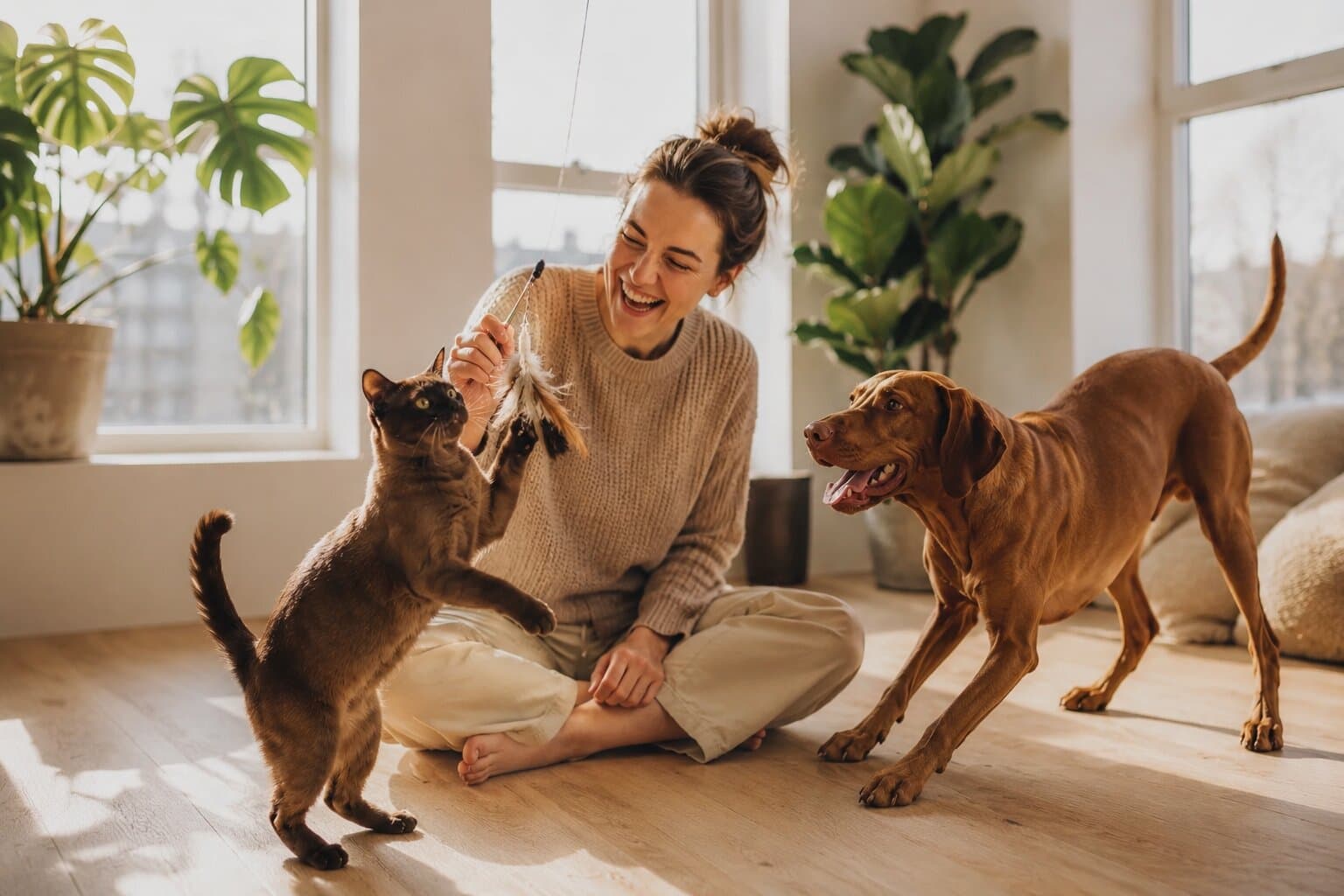 Frau spielt entspannt mit ihrer Katze und ihrem Hund im sonnigen Wohnzimmer